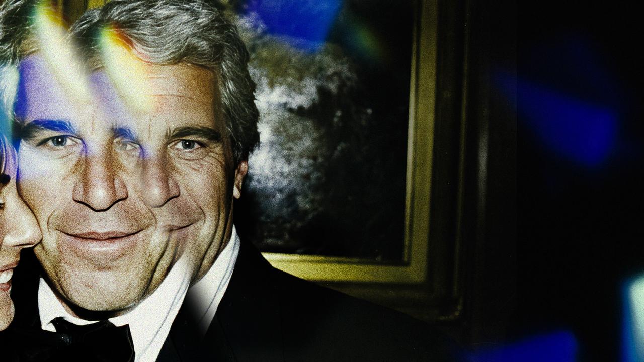 Gesicht von Jeffrey Epstein, das in sich verschoben ist, vor einem dunklen Hintergrund mit einem Bild in einem goldenen Rahmen