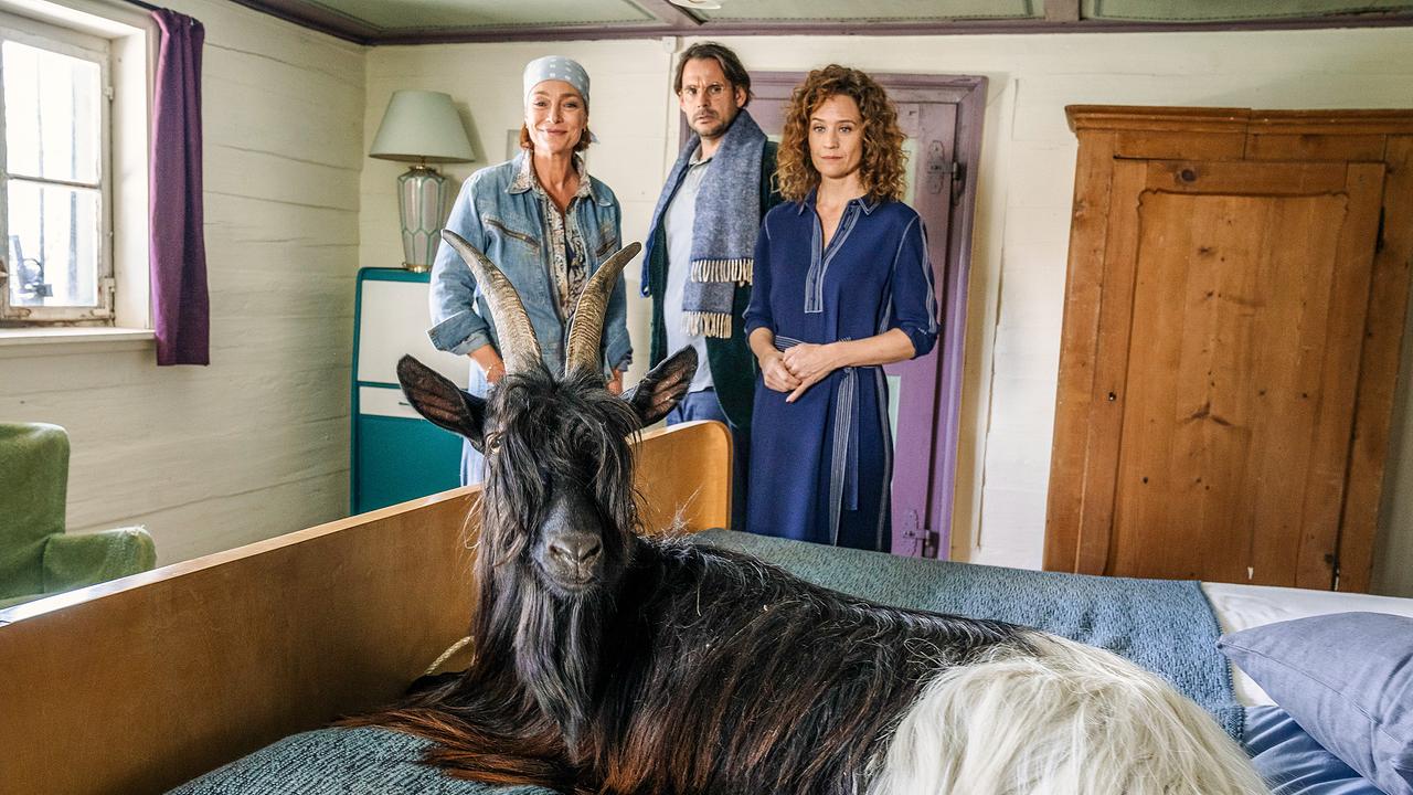 © ORF/Degeto/Hendrik Heiden Im Bild: Die Ziege macht das Gästezimmer wieder zum Stall: Wirtin Sophie (Aglaia Szyszkowitz, li.), ihre Freundin Verena (Regula Grauwiller) und Jan (Alexander Beyer) staunen über den Gast im Bett.