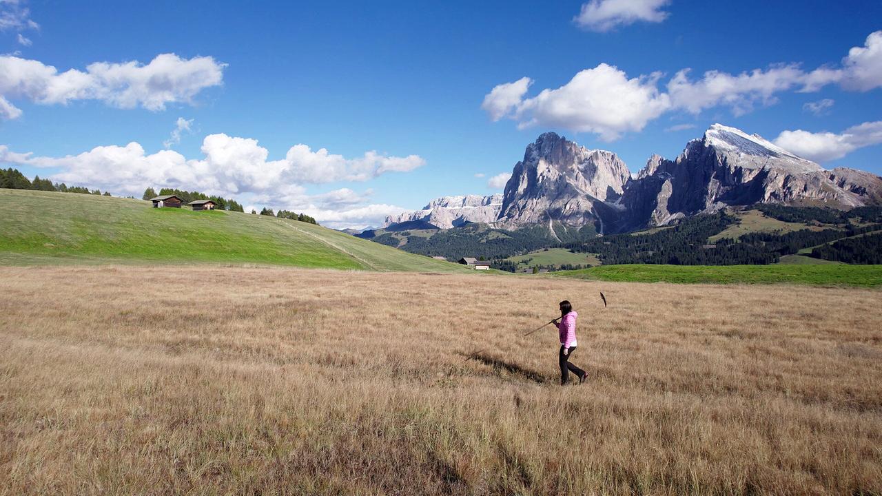 Bergbäuerinnen in Südtirol: Barbara Kastlunger unterwegs auf Seiser Alm - eine Berglandschaft mit Almwiesen und einigen Hütten 