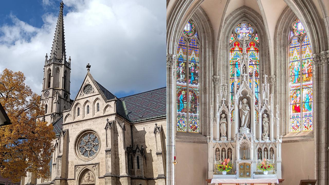 Bild von der Stadtpfarrkirche Bad Hall zeigt links die Außenansicht der gotischen Kirche mit hohem Turm und rechts den reich geschmückten Innenraum mit Altar und farbigen Glasfenstern.