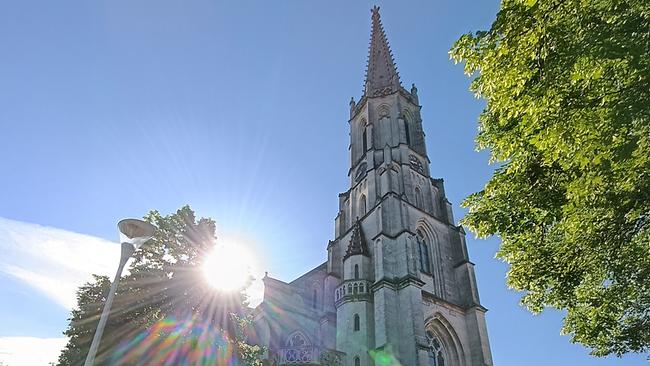 Die gotische Stadtpfarrkirche Bad Hall mit hohem Turm ragt bei strahlendem Sonnenschein zwischen grünen Bäumen in den blauen Himmel.