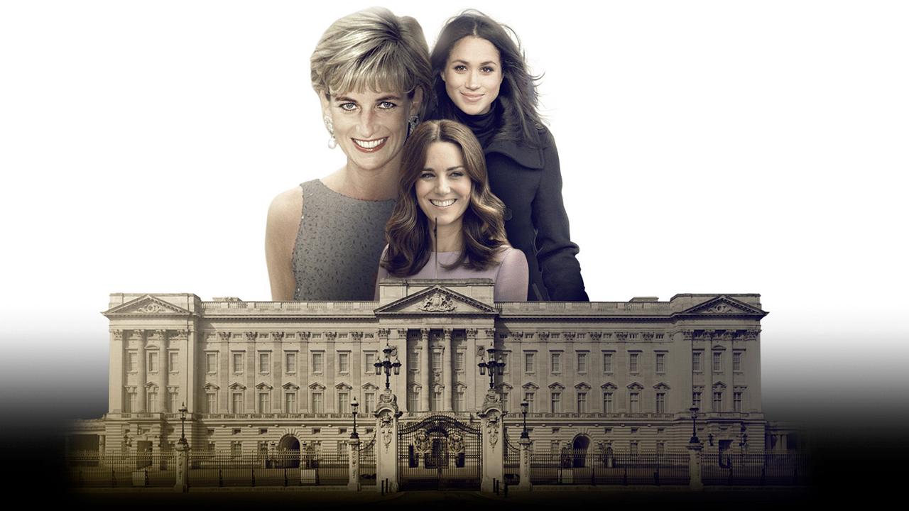 Zu sehen ist eine Collage mit Lady Diana (li. oben), Meghan Markle (re. oben) und Kate (i. d. Mitte) - unter ihnen der Buckingham Palast.