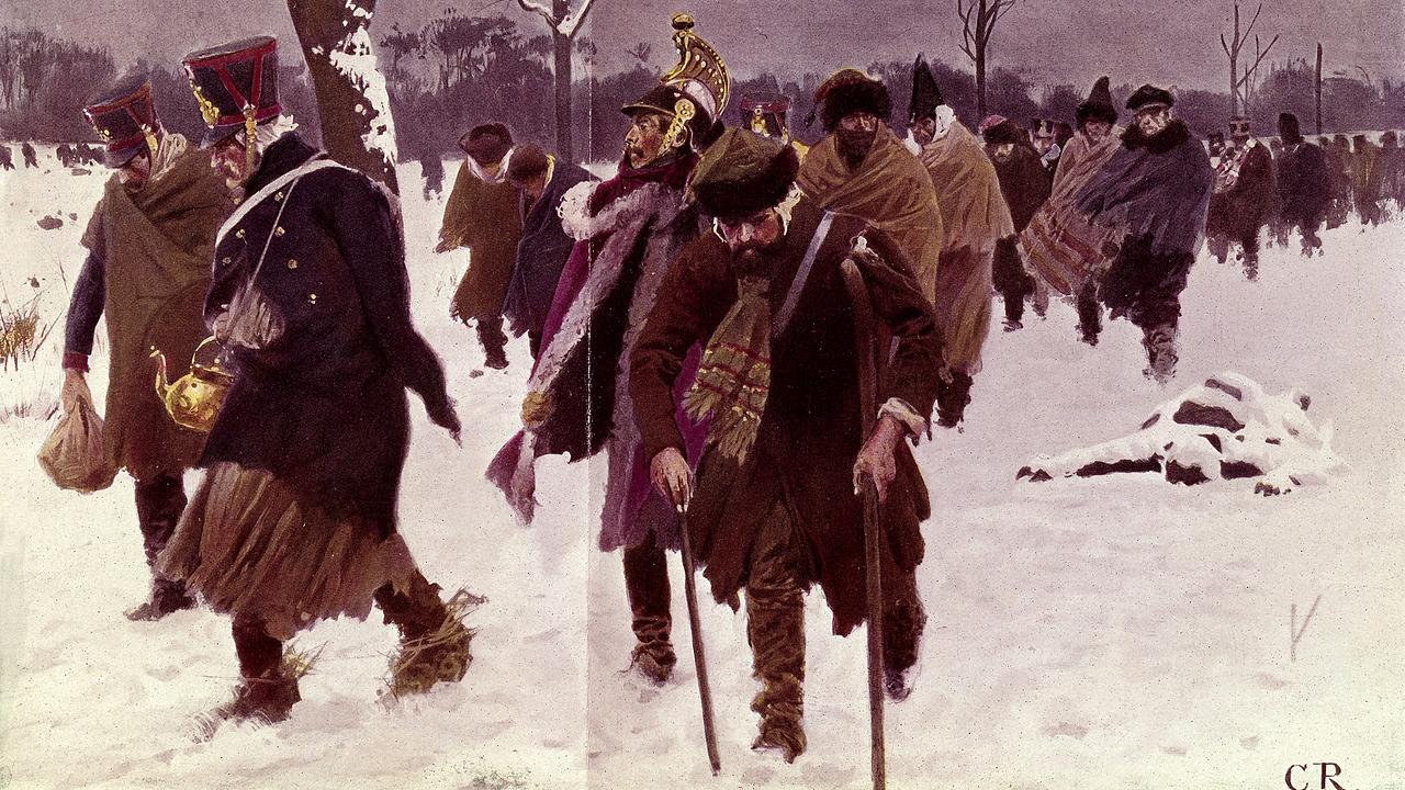 Gemälde: Verwundete Soldaten schleppen sich durch den Schnee. General Winter besiegt Napoleon: 1812 scheitert Frankreichs Versuch, die russische Armee vor Moskau zu besiegen.