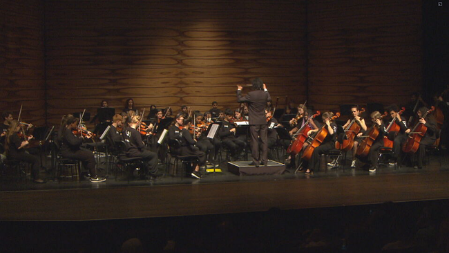 Streichorchester bestehend aus lauter Jugendlichen auf der Bühne. Davor steht der Dirigent. 