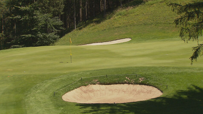 Ein Golfgreen auf dem eine Fahne steckt auf die ein Ball zurollt. Davor ein Bunker