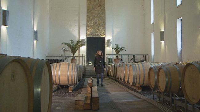 Winzerin Pia Strehn geht durch ein Weinfasslager im Familienunternehmen 