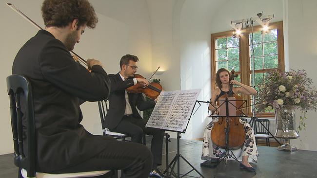 Emmanuel Tjeknavorian an der Geige, Benedict Mitterbauer als Bratschist und Marlies Guschlbauer am Cello