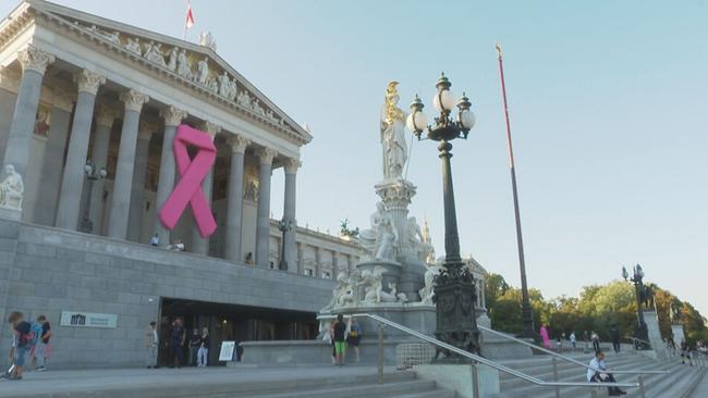 © ORF / Seitenblicke Auf der Fassade des Parlaments hängt eine Pink Ribbon Schleife