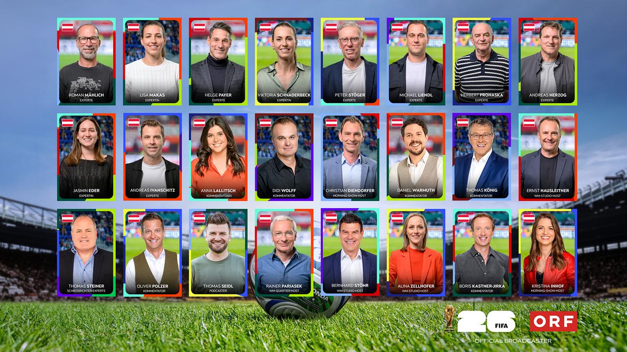 © ORF Eine grafische Übersicht zeigt mehrere Porträtkarten vom ORF-Team der Fußball-WM vor einem Stadion‑Hintergrund mit FIFA‑ und ORF‑Logo.