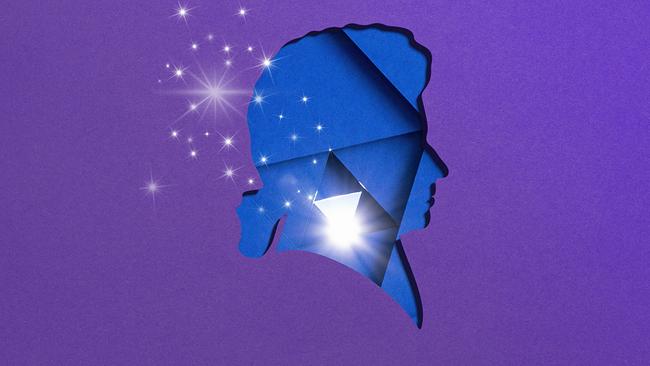 Sujet: Blaue Sihouette des Kopfs von Mozart  vor violettem Hintergrund mit funkelnden Sterneffekte zur Mozartwoche 2026