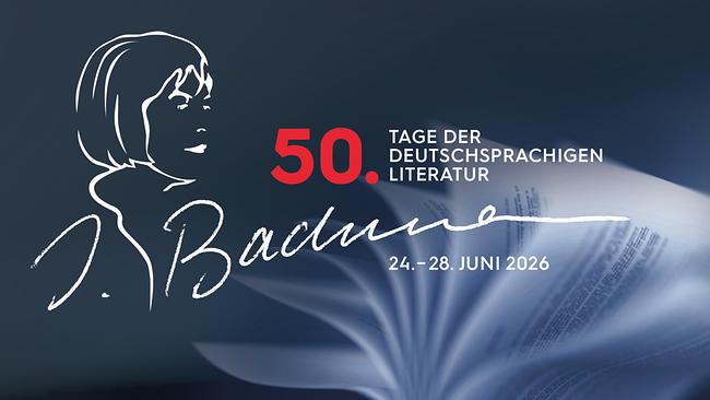 Grafik zu „50. Tage der deutschsprachigen Literatur“ mit stilisierter Porträtzeichnung von Ingeborg Bachmann, Buchmotiv und dem Hinweis auf den Zeitraum 24.–28. Juni 2026.