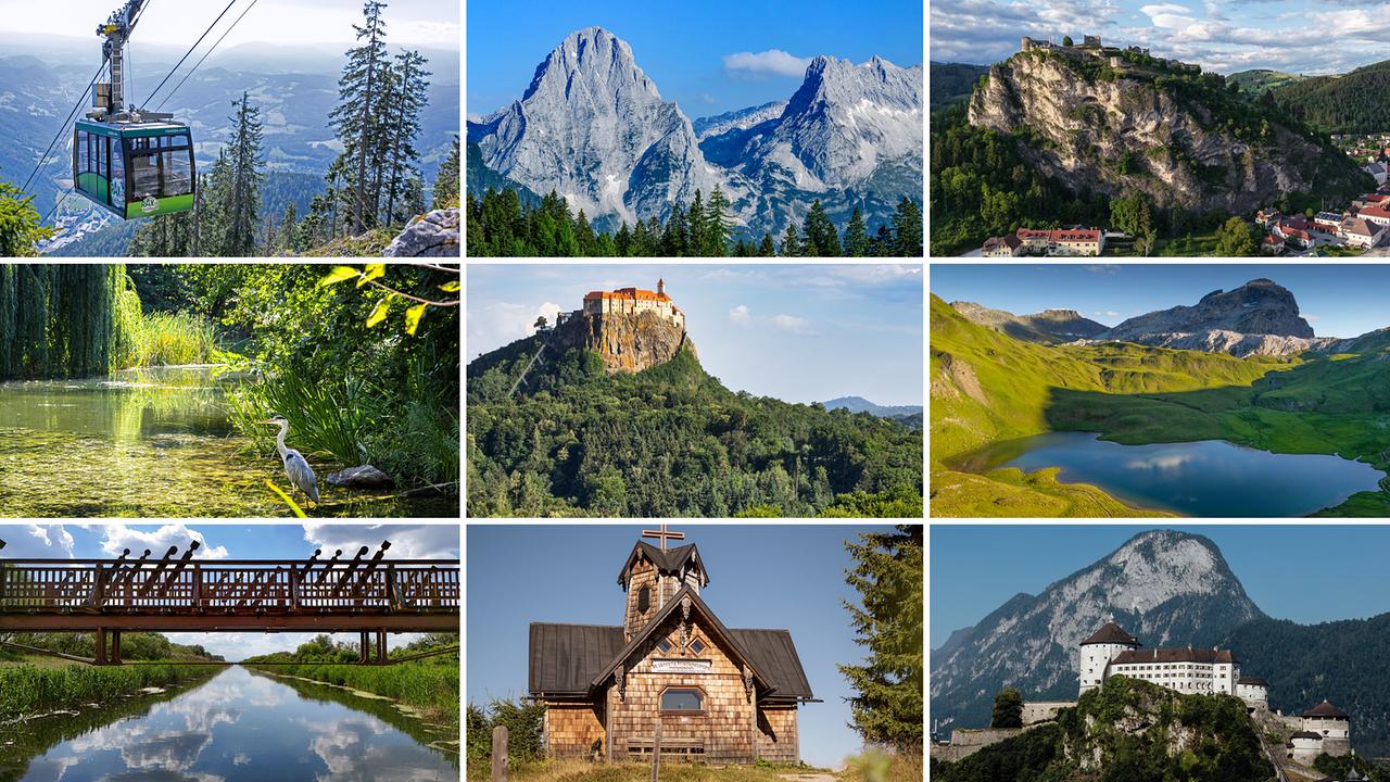 © ORF Die Collage zeigt die Finalisten von neun Plätze bzw. Schätze 2026: Rax-Seilbahn, Hutterer Böden, Griffner Schlossberg, Türkenschanzpark, Riegersburg, Tilisuna, Brücke von Andau, Friedenskirche Hochgründeck und Festung Kufstein.