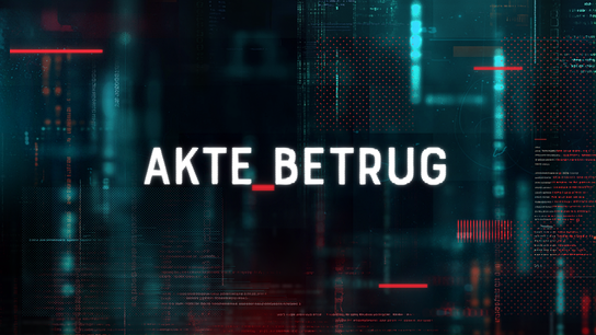 Logo mit Schriftzug „Akte Betrug“ vor einem futuristischen Hintergrund aus digitalen Daten, Codes und roten Warnsignalen