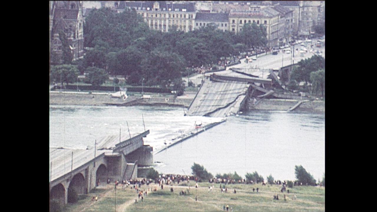Flugaufnahme Reichsbrücke eingestürzt.
