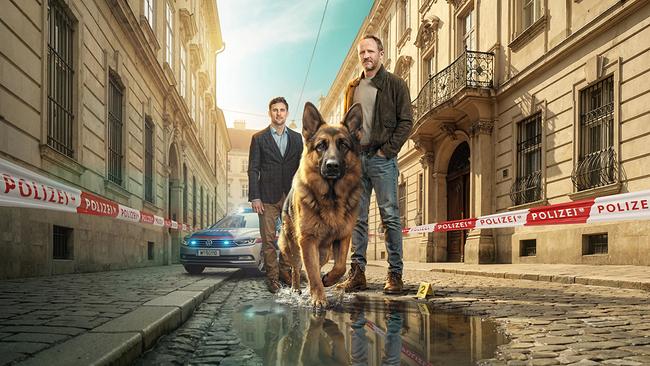 In einer abgesperrten Wiener Altstadtstraße mit Polizeiband und Streifenwagen stehen Ferdinand Seebacher und Maximilian Brückner mit Kommissar Rex, einem Schäferhund, an einem Tatort, wo ein Beweisstück neben einer Pfütze markiert ist.