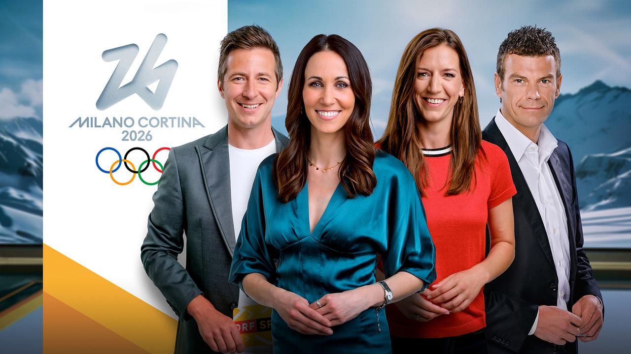 © ORF/Hans Leitner/Günther Pichlkostner/Thomas Ramstorfer Lukas Schweighofer, Karina Toth, Karoline Rath-Zobernig und Bernhard Stöhr vor vor einem Hintergrund mit dem Logo der Olympischen Winterspiele Milano Cortina 2026.