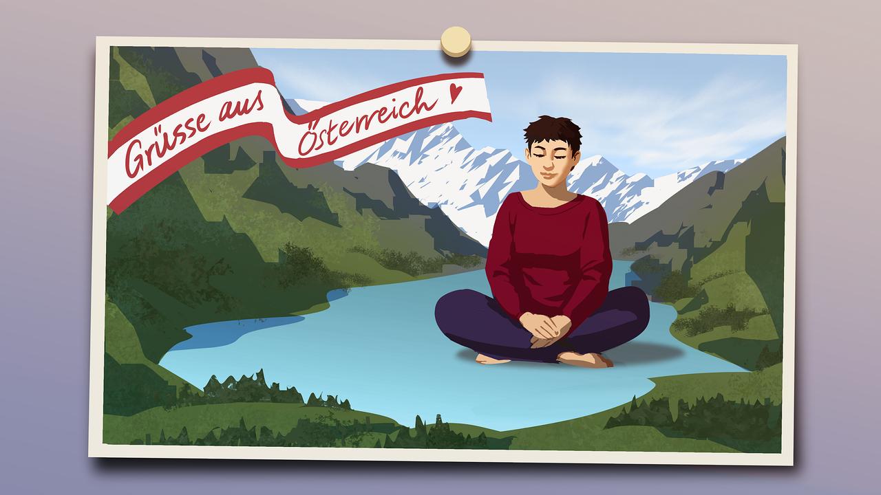 © ORF/Gebhardt Productions/Grafik Florian Bo Visualisierung: Eine Postkarte zeigt eine Person sitzend vor einem Bergsee mit der Aufschrift „Grüße aus Österreich“.