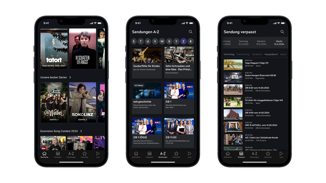 Drei Ansichten der iPhone-App: Lanes mit Filmen und Serien auf der Startseite, Sendungen von A-Z und Sendung verpasst. 