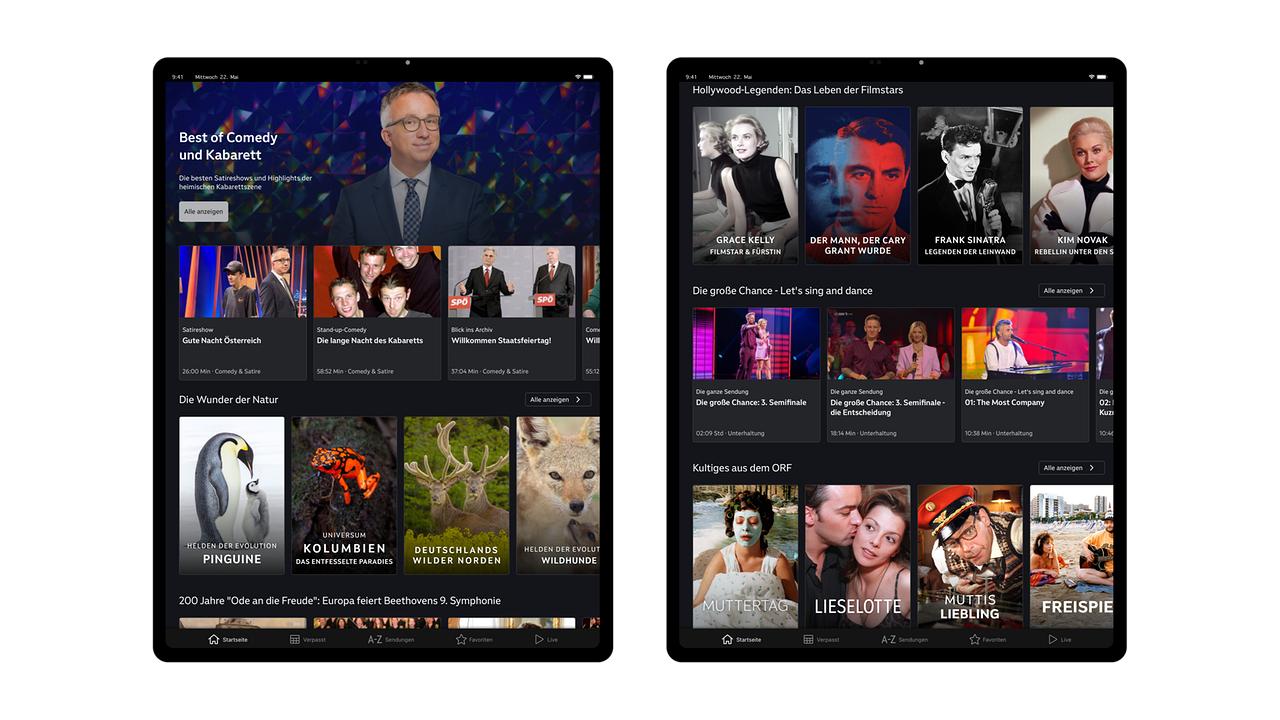 Zwei Ansichten von Lanes auf der ORF-ON-Startseite in der iPad-App