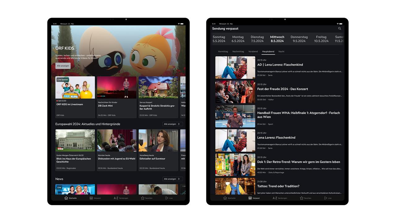 Zwei Ansichten der iPad-App: Kinderangebot und Sendung verpasst