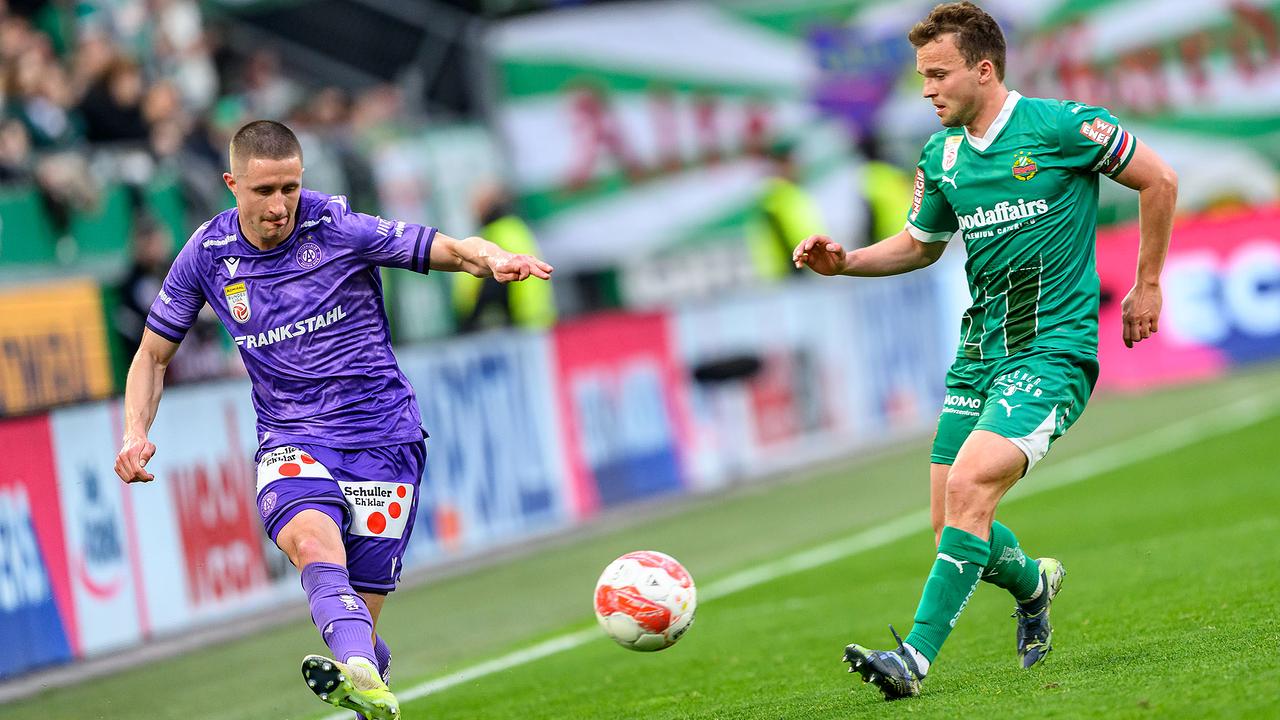 Reinhold Ranftl (FK Austria Wien) und Matthias Seidl (SK Rapid) im Rahmen der Admiral Bundesliga-Begegnung, 3. Runde der Meistergruppe, zwischen SK Rapid und FK Austria Wien, am Sonntag, 13. April 2025, in Wien.