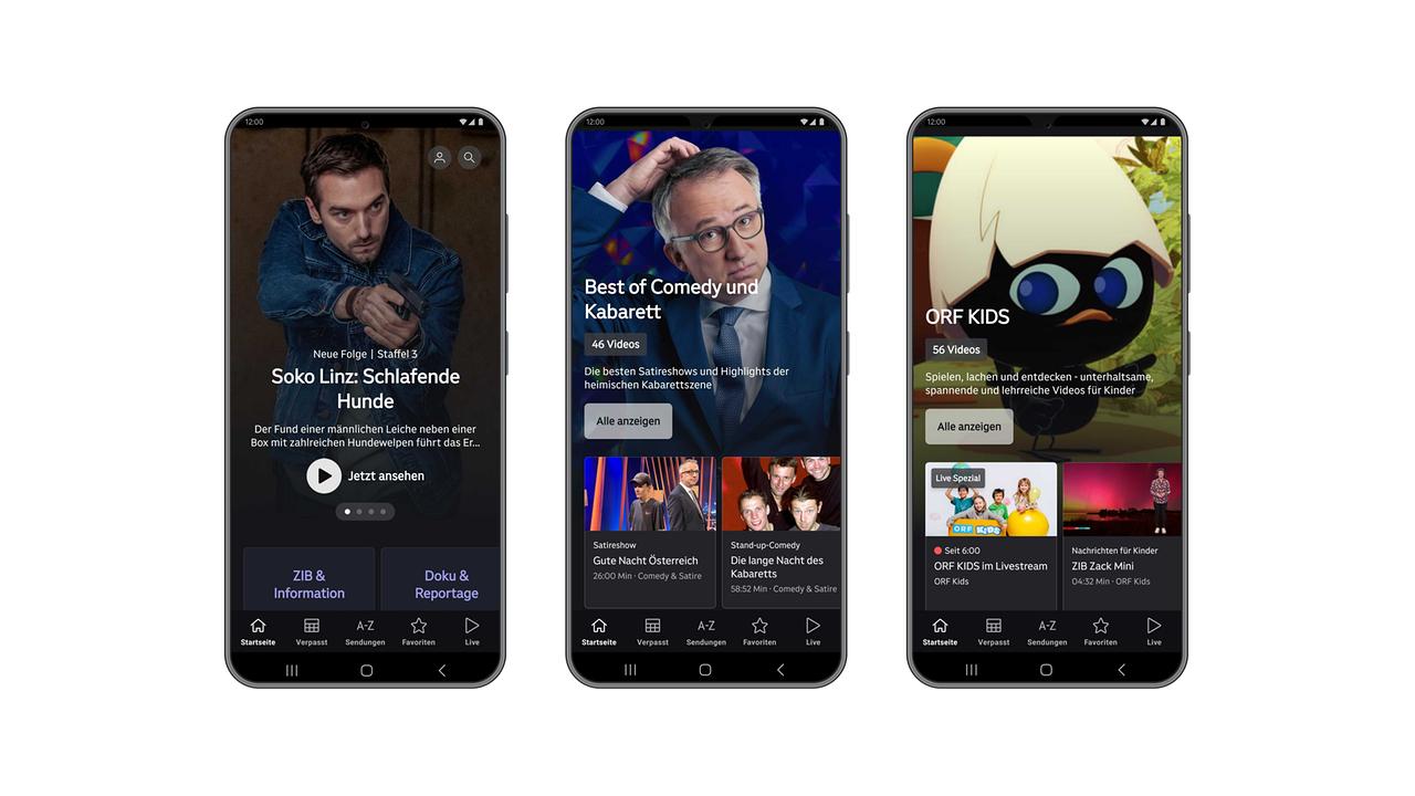 Drei Ansichten eines Android-Smartphone-Screens: Startseite, Comedy-Lane und ORF-Kids-Lane
