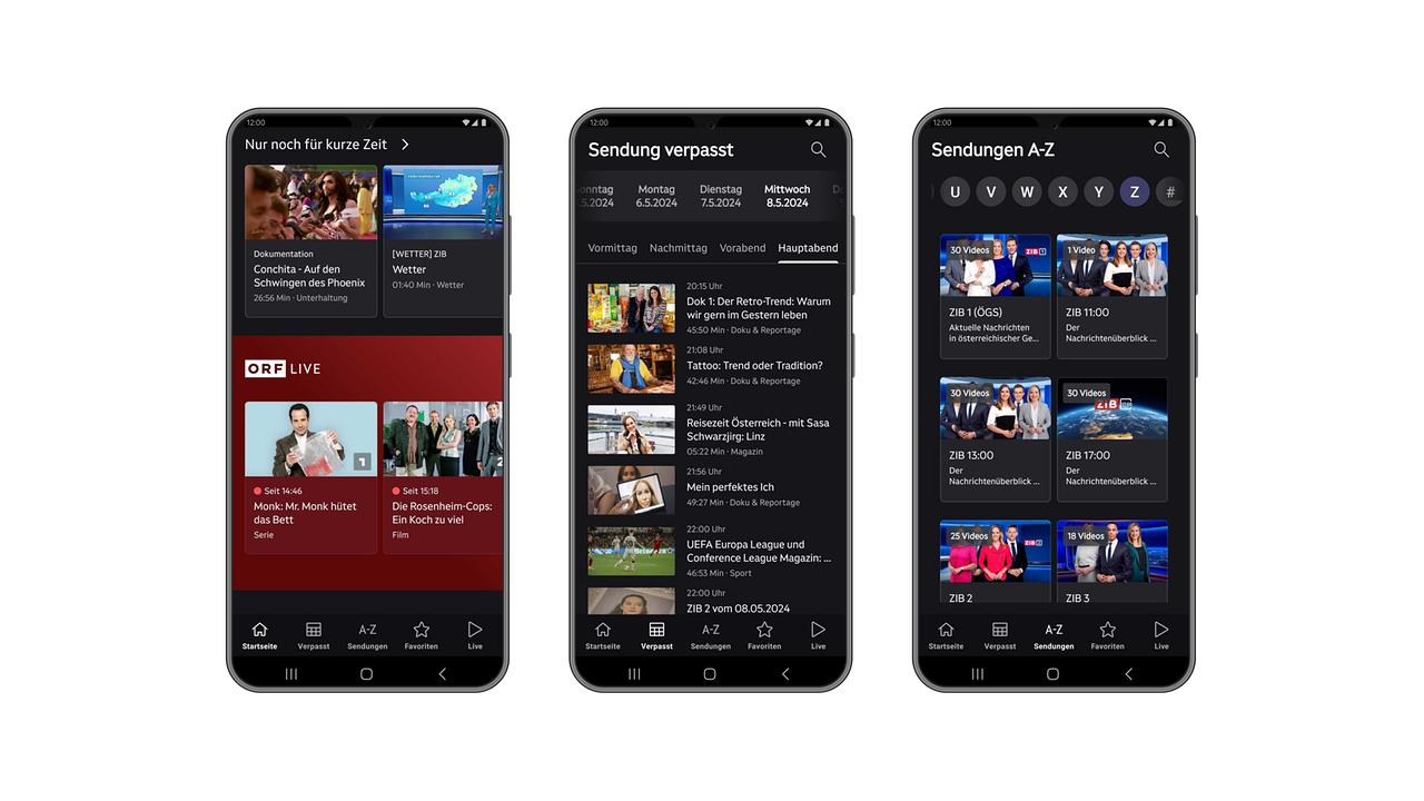 Drei Ansichten eines Android-Smartphone-Screens: Live-Lane, Sendung verpasst, Sendungen von A-Z