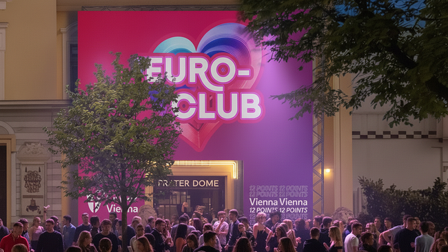Vor dem Euro‑Club im Prater Dome sammeln sich zahlreiche Besucherinnen und Besucher unter einem großen, pink‑violetten Logo.