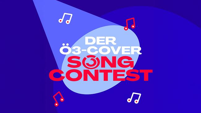 © ORF/Hitradio Ö3 Eine Grafik in Blau‑ und Rottönen und dem Text „Der Ö3-Cover Song Contest“ mit stilisierten Musiknoten und einem spotlightartigen Design.