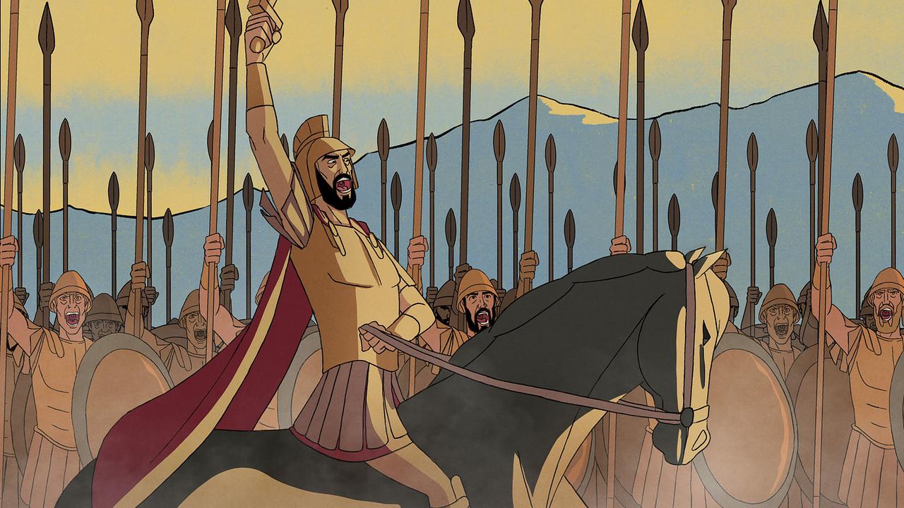 Die Animation zeigt Epaminondas auf einem Pferd, den Anführer der Heiligen Schar, der seine Männer zum Kampf aufruft.