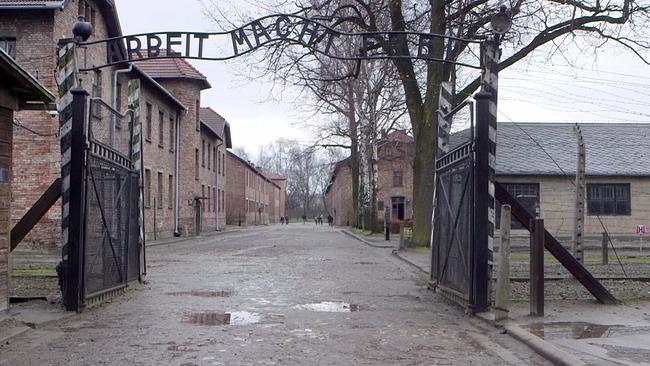 Das Bild zeigt den Eingang eines ehemaligen nationalsozialistischen Konzentrationslagers von Auschwitz mit dem Torbogen „Arbeit macht frei“ und den dahinterliegenden Backsteinbaracken.