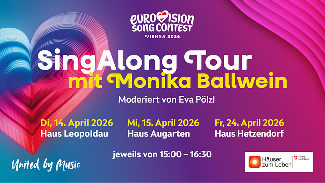 © Ein farbenfrohes Plakat bewirbt eine „SingAlong Tour“ zur Eurovision 2026 mit Terminen in Wiener Häusern.