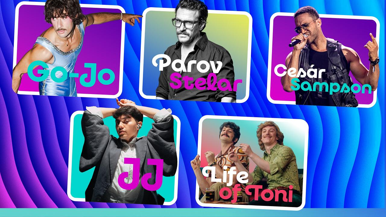 © ORF/TVfriends/Jeremy Kees Orr/Roland von der Aist Eine bunte Event‑Grafik zeigt mehrere auftretende Acts mit verpixelten Gesichtern, darunter Go‑Jo, Parov Stelar, Cesár Sampson, JJ und Life of Toni, auf einem dynamisch gestalteten Hintergrund.