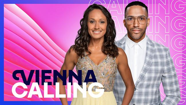 © ORF Alice Tumler and Cesár Sampson in front of a graphic for "Vienna Calling"