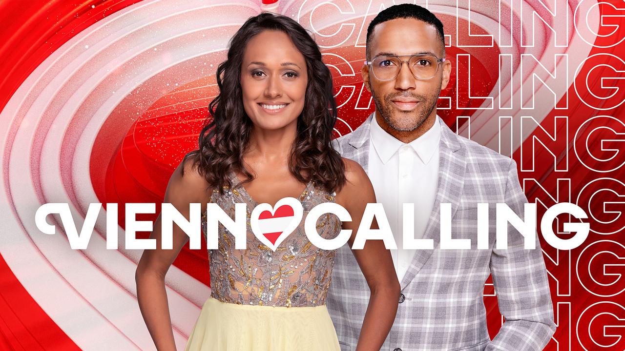 © ORF Alice Tumler and Cesár Sampson in front of a red‑white‑red “Vienna Calling” graphic.