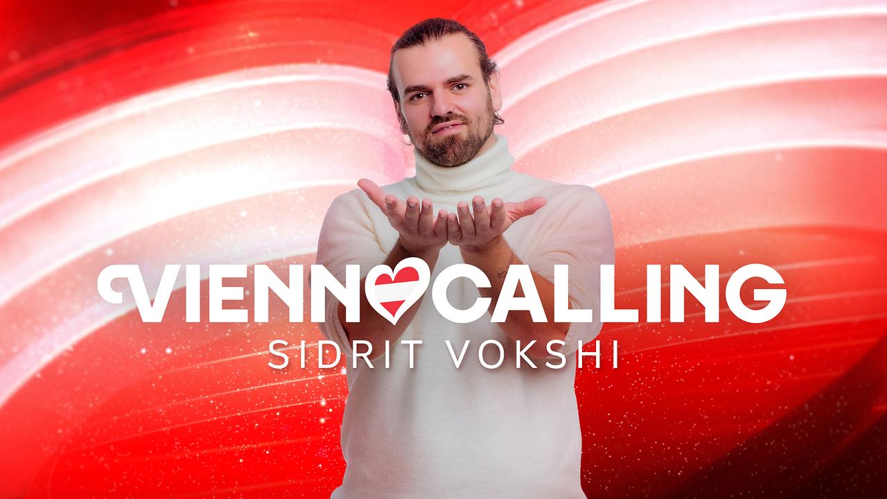 © ORF/Klaus Titzer Sidrit Vokshi in front of a red‑white‑red “Vienna Calling” graphic