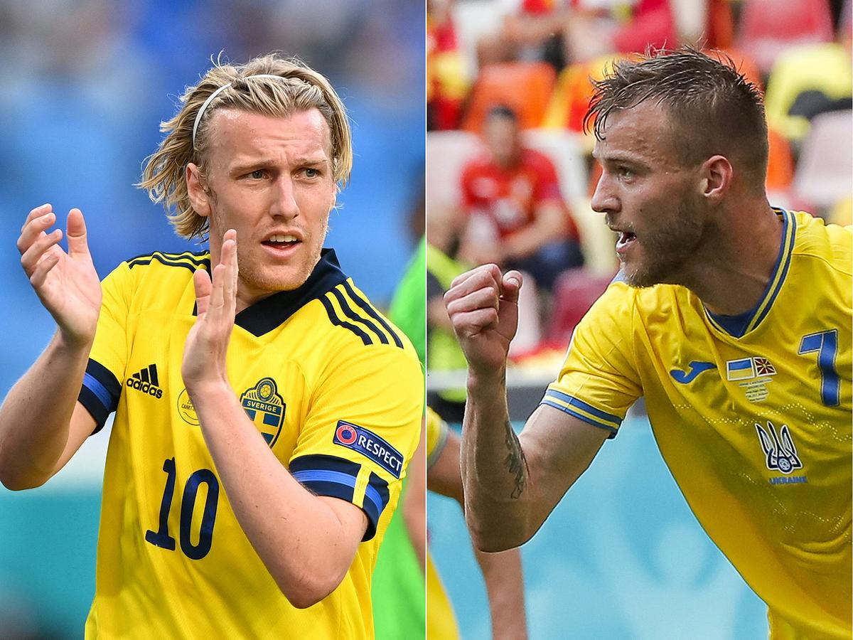 Diese Bildkombination zeigt Schwedens Mittelfeldspieler Emil Forsberg am 23. Juni 2021 in Sankt Petersburg und den ukrainischen Stürmer Andriy Yarmolenko am 17. Juni 2021 in Bukarest. Schweden trifft am 29. Juni 2021 im Achtelfinale der UEFA EURO 2020 im Hampden Park in Glasgow auf die Ukraine.