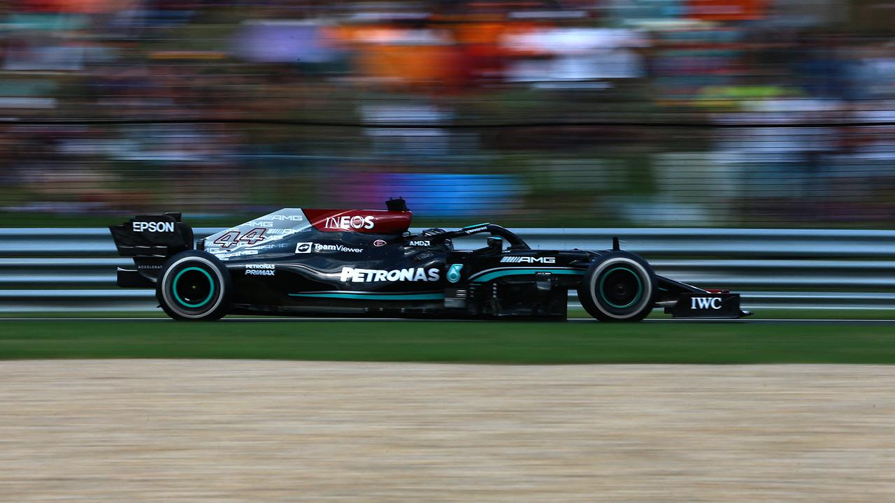 Mercedes' British driver Lewis Hamilton competes to place third in the Formula One Hungarian Grand Prix at the Hungaroring race track in Mogyorod near Budapest on August 1, 2021