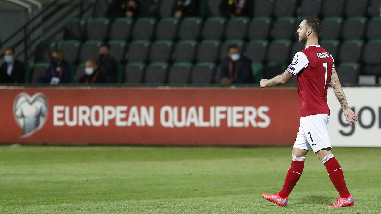 © APA/AFP/BOGDAN TUDOR Jubel von Marko Arnautovic (Österreich) am Mittwoch, 1. September 2021, anl. des Fußball-WM-Qualifikation-Spiels zwischen Moldau und Österreich in Chisinau.