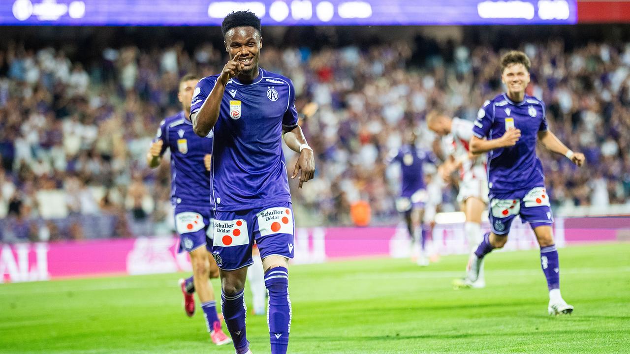 © APA/GEORG HOCHMUTH Kelvin Boateng (FK Austria Wien) jubelt nach seinem Tor zum 2:1 am Donnerstag, 30. Juli 2026 auf dem Spielfeld, während des Conference-League-Qualifikationsspiels der 2. Runde (Rückspiel) zwischen FK Austria Wien und Liepaja in Wien.