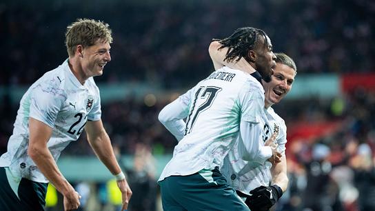Carney Chukwuemeka (AUT) jubelt mit Alexander Prass (AUT,L) und Marcel Sabitzer (AUT, R) nach seinem Tor zum 4:0 am Freitag, 27. März 2026, während eines freundschaftlichen Länderspiel zwischen Österreich und Ghana in Wien