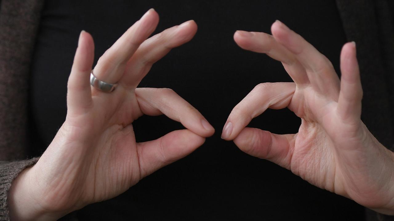 Die Gebärdendolmetscherin Enders zeigt am 25.01.2017 in Frankfurt am Main (Hessen) mit ihren Fingern das Wort "regelmäßig" in Gebärdensprache. 