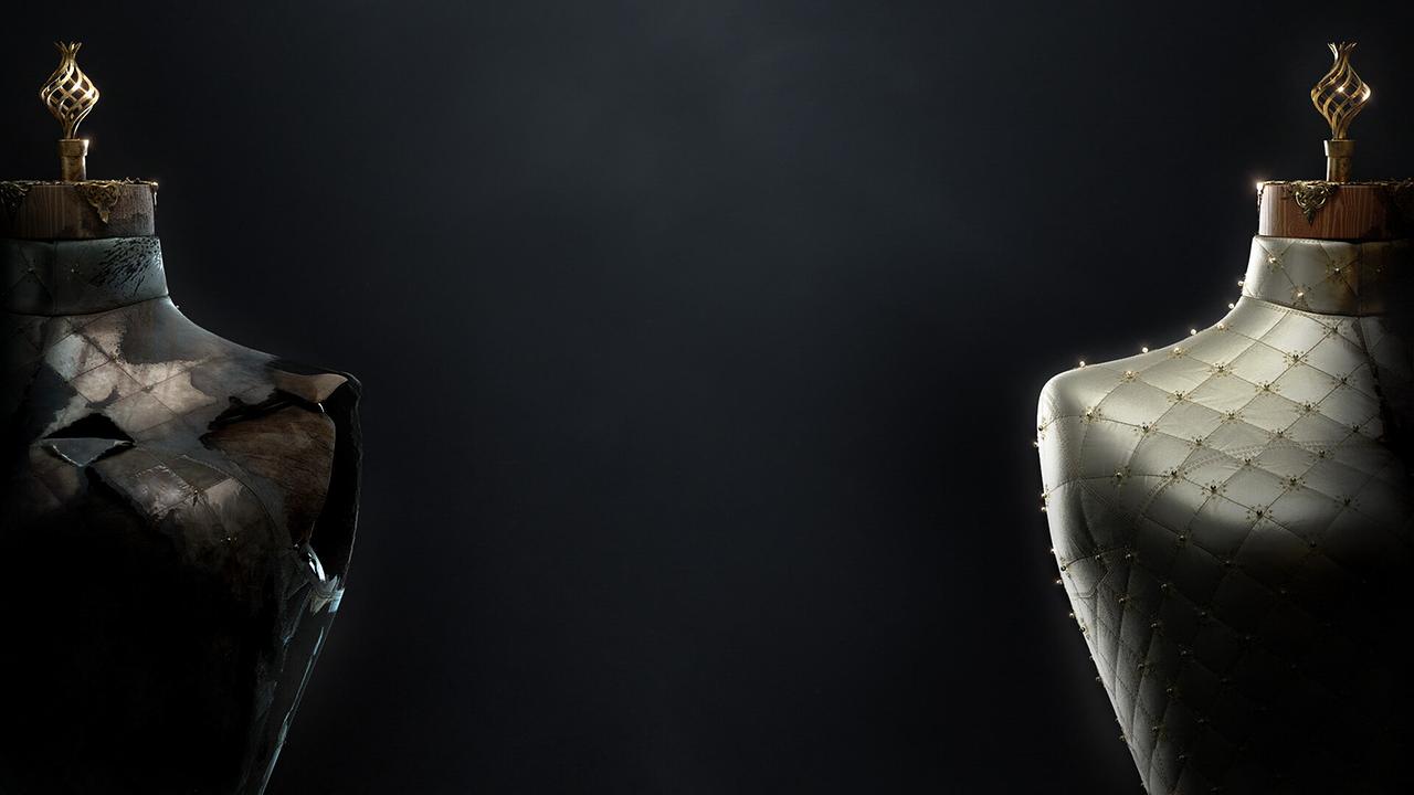 Das Bild zeigt zwei stilisierte Schneiderpuppen, eine in dunklem Lder, die andere hell und elegant verziert, die nebeneinander vor schwarzem Hintergrund stehen.