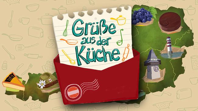 © ORF/Tower10 Eine bunte Grafik mit dem Schriftzug „Grüße aus der Küche“, umgeben von Kochsymbolen und österreichischen Motiven.