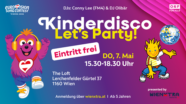 © Ein buntes Kinder‑Plakat kündigt eine kostenlose „Kinderdisco – Let’s Party!“ im Rahmen der Eurovision 2026 an.
