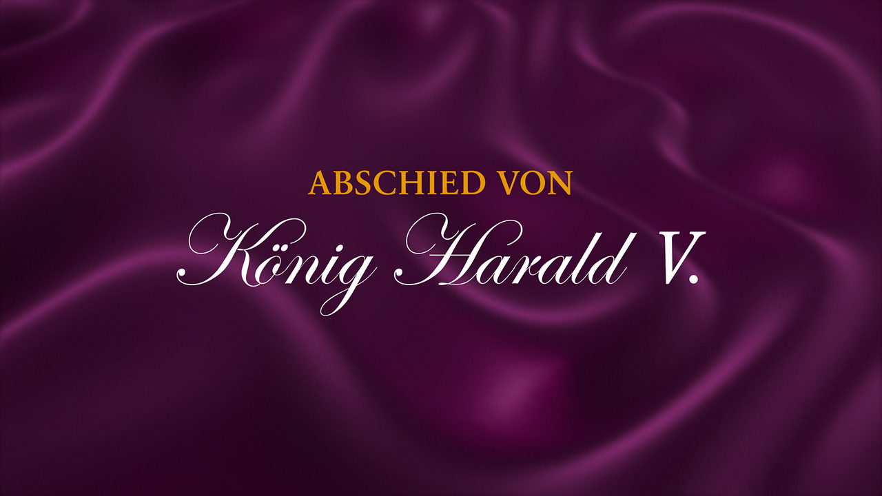 © ORF Eine elegante violette Seidenoptik trägt die Aufschrift „Abschied von König Harald V.“.