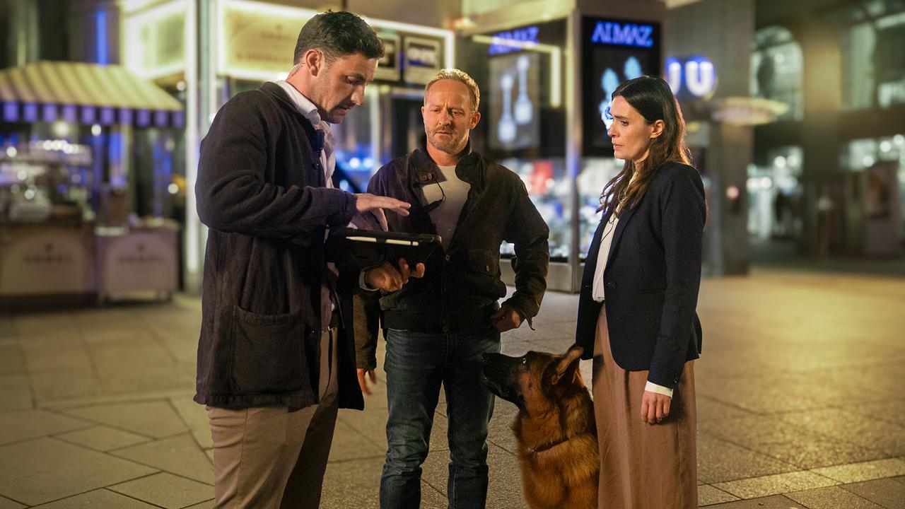 Inspektor Felix Burger, Kommissar Max Steiner und Majorin Evelyn Leitner stehen mit Kommissar Rex abends auf einem beleuchteten Platz zusammen.