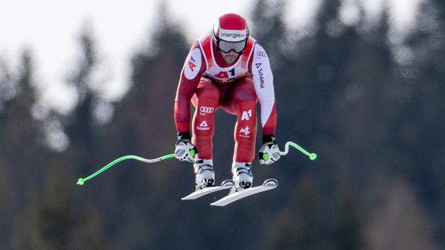 Vincent Kriechmayr (AUT) am Sonntag, 9. Februar 2025, in Aktion in der Abfahrt der Männer, anl. der alpinen Ski-WM in Hinterglemm.