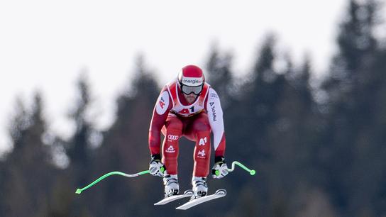 Vincent Kriechmayr (AUT) am Sonntag, 9. Februar 2025, in Aktion in der Abfahrt der Männer, anl. der alpinen Ski-WM in Hinterglemm.
