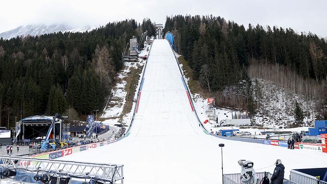 Eine Übersicht der Sprungschanze am Donnerstag, 25. Jänner 2024, vor dem Training im Rahmen der Skiflug-Weltmeisterschaften am Kulm in Bad Mitterndorf.